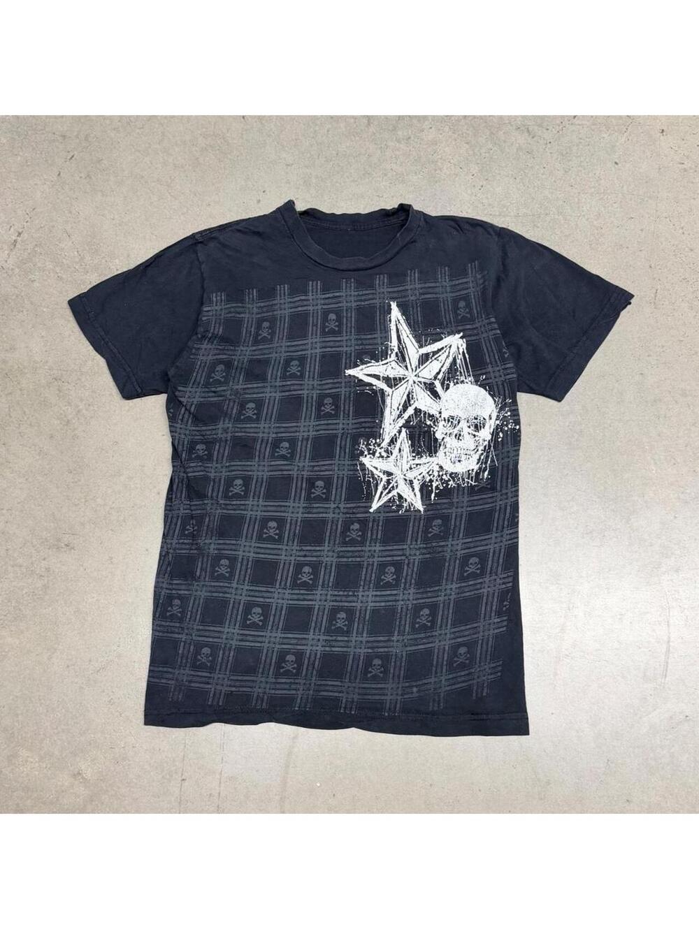 Y2K Affliction Style T-Shirt Mens Small Black Grunge Emo Goth Skull Stars 2000s